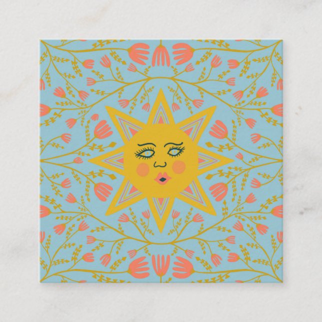 Sun & Flowering Vines Elegant Boho Square Business Card (Front)