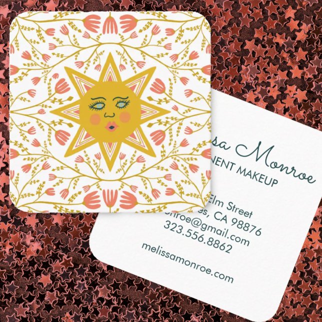 Sun & Flowering Vines Elegant Boho Square Business Card (Creator Uploaded)