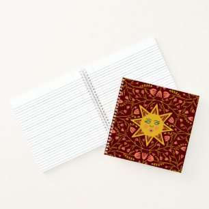 Sun & Flowering Vines Pattern Boho Burgundy Notebook