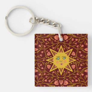 Sun & Flowering Vines Pattern Boho Keychain