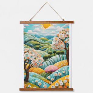 Sun, flowers, trees and clouds in a wonderful view hanging tapestry