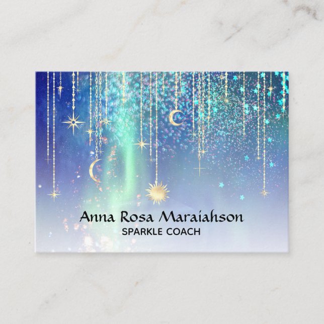*~* Sun Gold Stars Sparkle Moon Celestial Universe Business Card (Front)