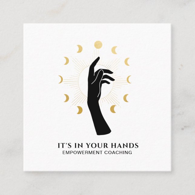 *~* Sun Hand Moon Phases Black Gold Cosmic Energy  Square Business Card (Front)