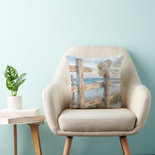 Sun Hat On a Beach Fence Throw Pillow
