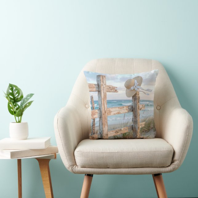 Sun Hat On a Beach Fence Throw Pillow (Chair)