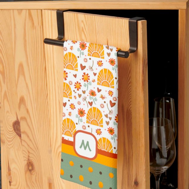  Sun Hearts Fun Chic Pattern Monogram  Initial Kitchen Towel (Creator Uploaded)