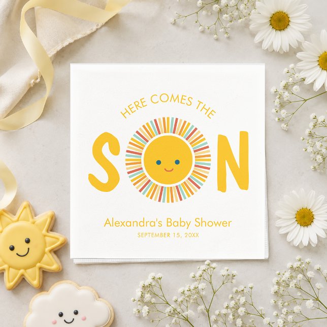 Sun Here Comes the Son Boy Baby Shower Napkin (Creator Uploaded)