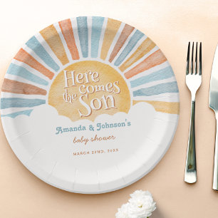 Sun Here Comes the Son Boy Baby Shower  Paper Plate