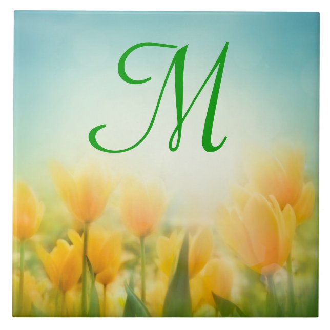 Sun Kissed Yellow Tulips Monogram Display Tile (Front)