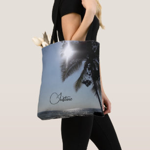 Sun lit Palm Tree Ocean Personalized Tote Bag