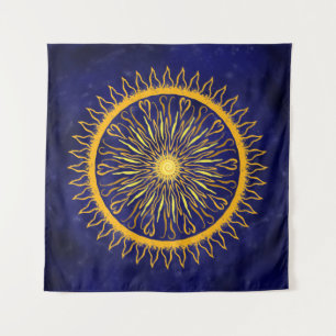 Sun Mandala Gold Orange on Celestial Blue Tapestry