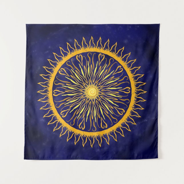 Sun Mandala Gold Orange on Celestial Blue Tapestry (Front)