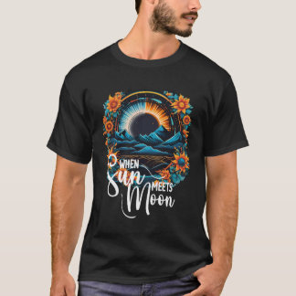 Sun Meets Moon, Orange Floral Eclipse Illustration T-Shirt