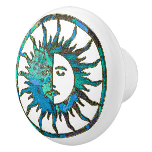 SUN & MOON blue green + your background Ceramic Knob