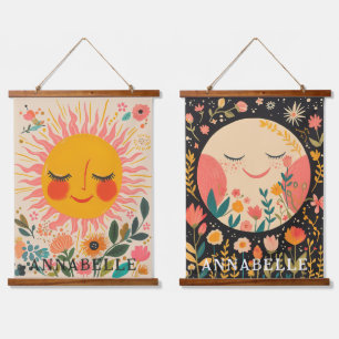 Sun & Moon Boho Floral Illustration First Name Hanging Tapestry