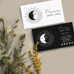 Sun & Moon Boho Line Art Elegant B&W Social Icons Business Card