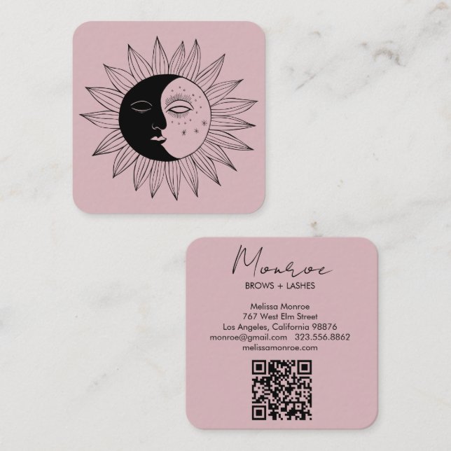 Sun & Moon Boho Line Art Elegant QR Code Pink Square Business Card (Front/Back)
