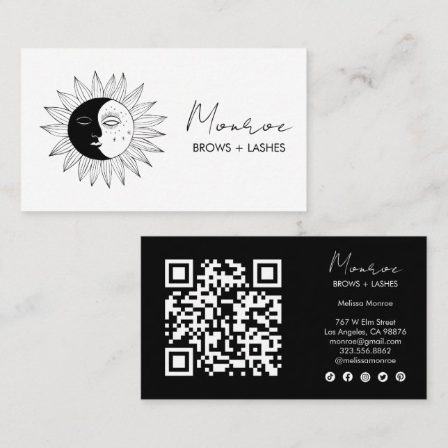 Sun & Moon Boho Line Art Elegant QR Social Icons Business Card (Front/Back)