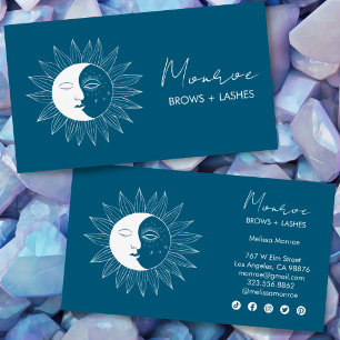 Sun & Moon Boho Line Art Elegant Teal Social Icons Business Card