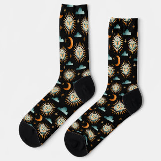 Sun- Moon- Cloud pattern - Mayan style - black Socks