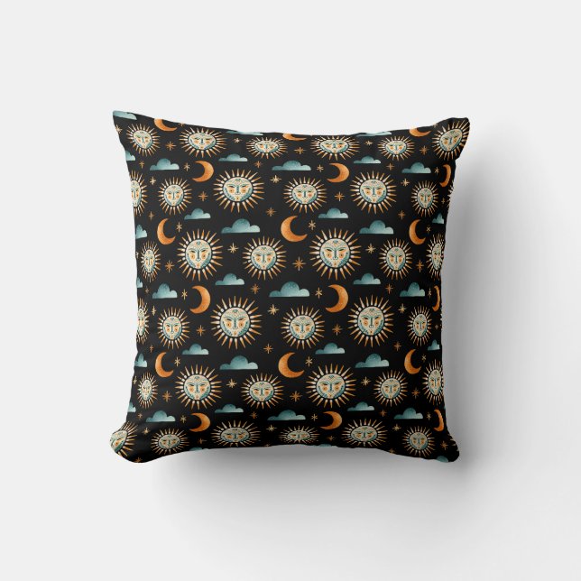 Sun- Moon- Cloud pattern - Mayan style - black Throw Pillow (Front)