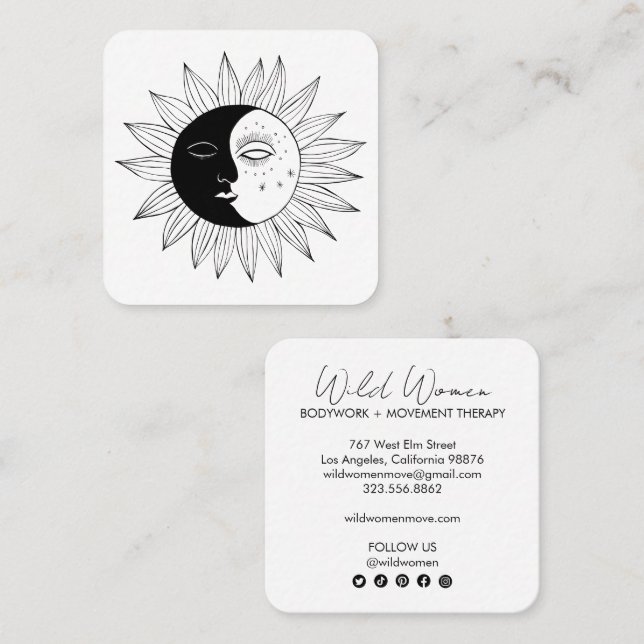 Sun & Moon Elegant Boho Line Art Social Media Icon Square Business Card (Front/Back)