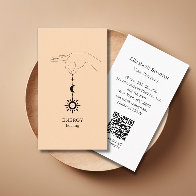 Sun Moon Peach QR-Code Business Card (Peach Hand Sun Moon Illustration QR Code Business Card. Modern Whimsical. )
