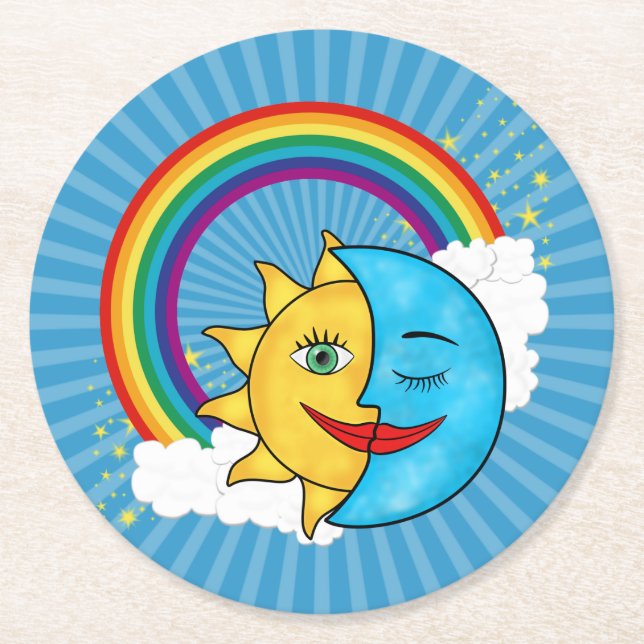 Sun Moon Rainboow Celestial theme Round Paper Coaster (Front)