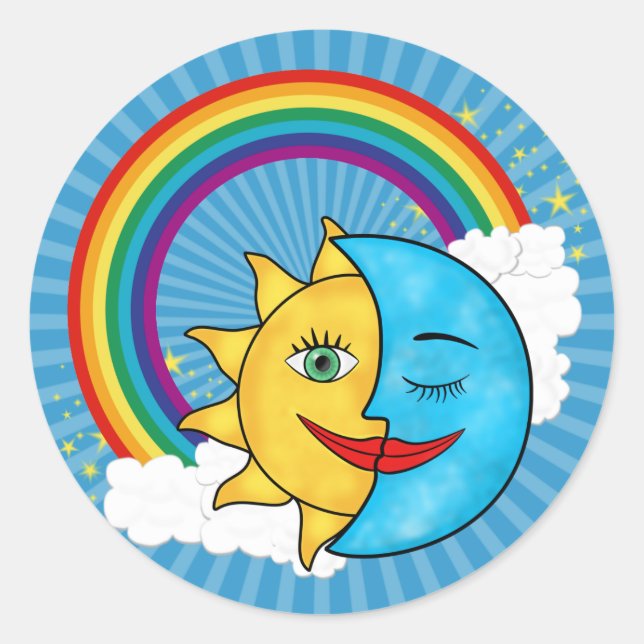 Sun Moon Rainbow Stars Classic Round Sticker (Front)