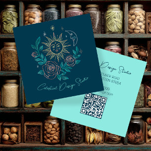 Sun Moon & Roses Magical Boho Colourful CUSTOM QR  Square Business Card