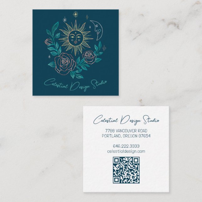 Sun Moon & Roses Magical Boho Colourful CUSTOM QR  Square Business Card (Front/Back)