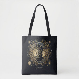 Sun Moon Stars Celestial Personalized Black Tote Bag