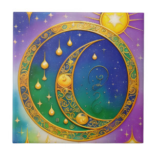 Sun, Moon, Stars, Filigreed Jewel Colors Tile