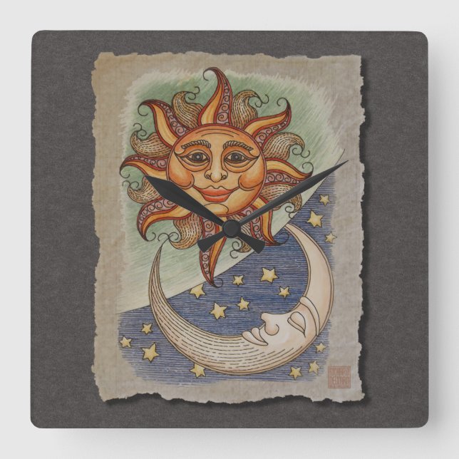 Sun Moon & Stars Square Wall Clock (Front)