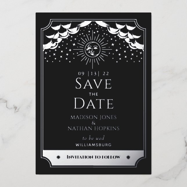 Sun Moon Tarot Wedding Silver Black Save the Date  (Front)