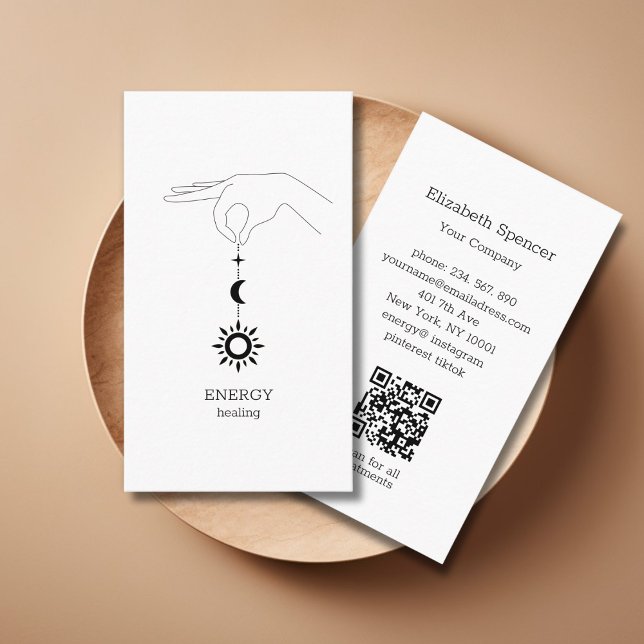 Sun Moon White QR-Code Business Card (White Hand Sun Moon Illustration QR Code Business Card. Modern Whimsical. )