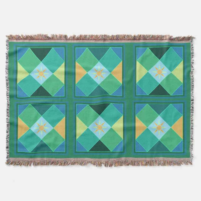 Sun motif in green and blue patchwork squares throw blanket (Front)