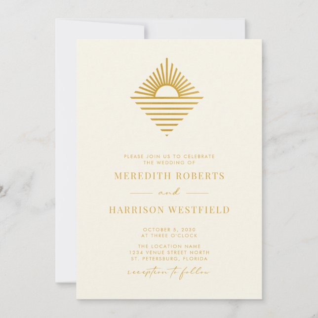 Sun Ocean QR Code RSVP Gold on Cream Wedding Invitation (Front)