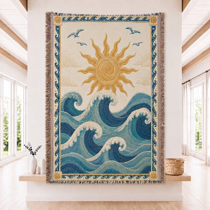 Sun Ocean Wave Woven Throw Blanket