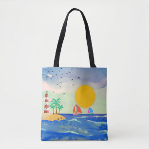 Sun Palm Trees Lighthouse Sailboats Cute Turtles  Tote Bag