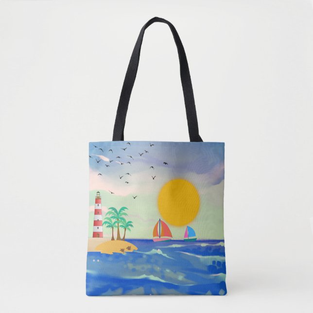 Sun Palm Trees Lighthouse Sailboats Cute Turtles  Tote Bag (Front)