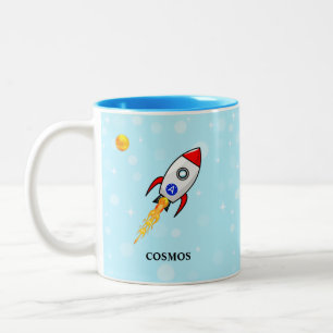 Sun, planet earth and skyrocket on light blue Two-Tone coffee mug