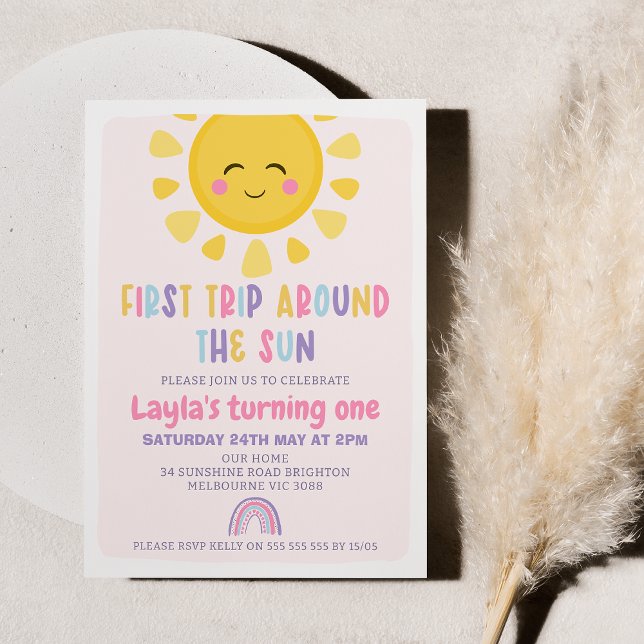 Sun Rainbow First Trip Around The Sun 1st Birthday Invitation (Printable First Trip Around the Sun Birthday Invitation, Editable Boho Sunshine Rainbow Invite )