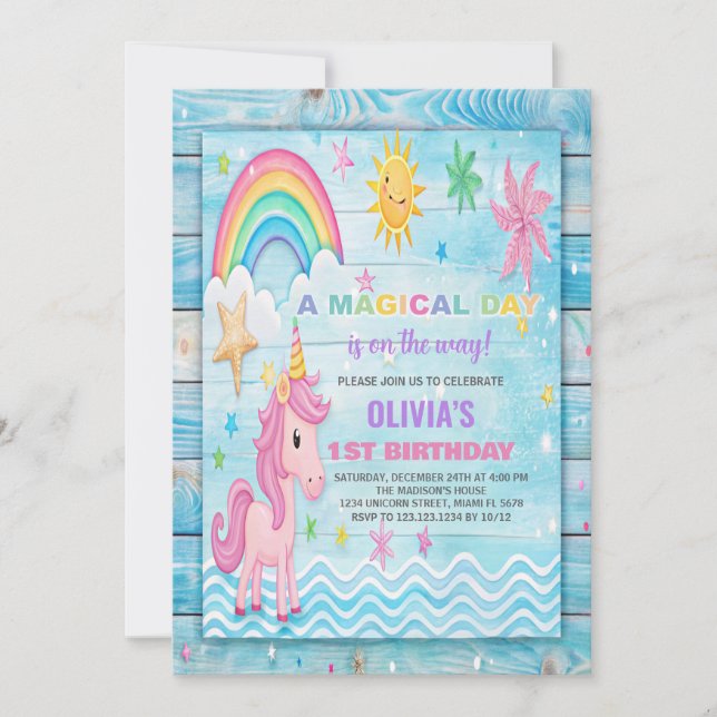 Sun Rainbow Unicorn Birthday Invitations (Front)