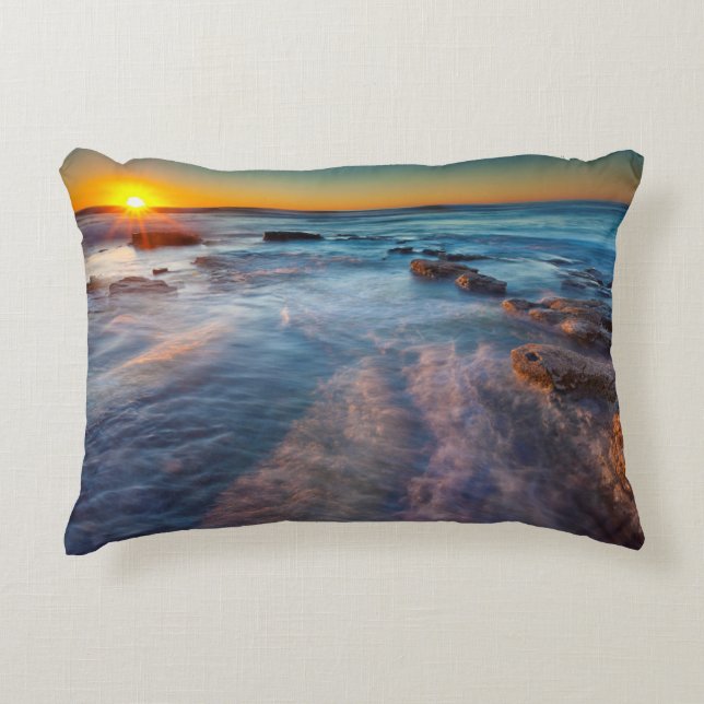 Sun rays illuminate the Pacific Ocean Decorative Pillow (Front)