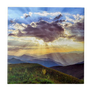 Sun Rays Mountain Range Green Hills Tile
