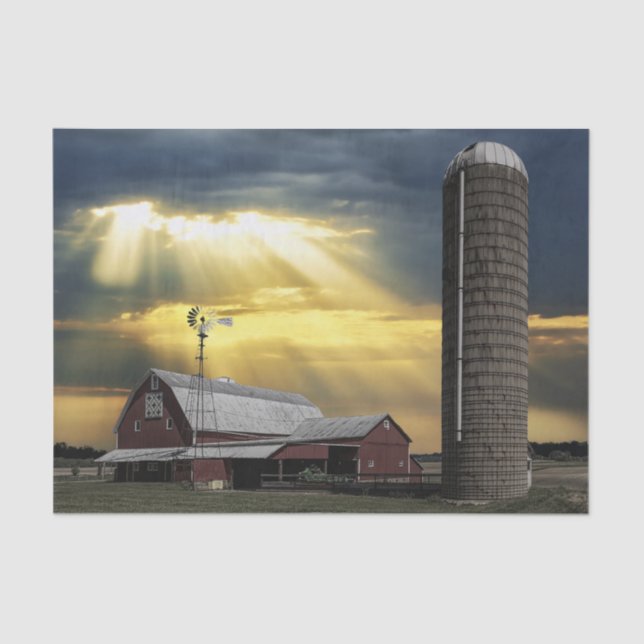 Sun Rays Pouring Out on Red Barns After a Storm Tissue Paper (Front)