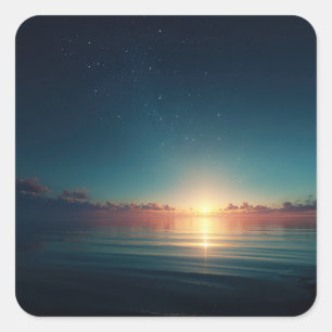 Sun Rising Over Calm Ocean Under Starry Night Square Sticker
