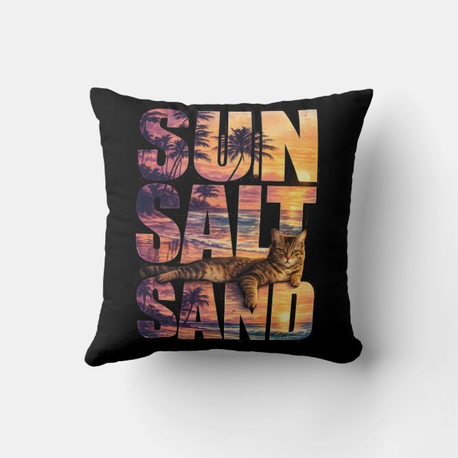 Sun Salt Sand Beach Cat Sunset Black Throw Pillow (Back)