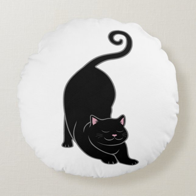 Sun Salutation Downward Black Kitty Cat Yoga Round Pillow (Front)